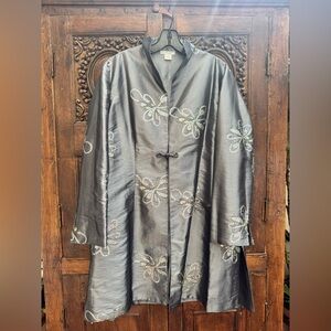 Embellished Satin Long Coat - Gray with Iridescent Sequin Flowers